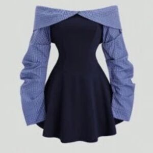 SHEIN Off-Shoulder Blue Dress with Long Sleeves TRENDY CUTE PREPPY